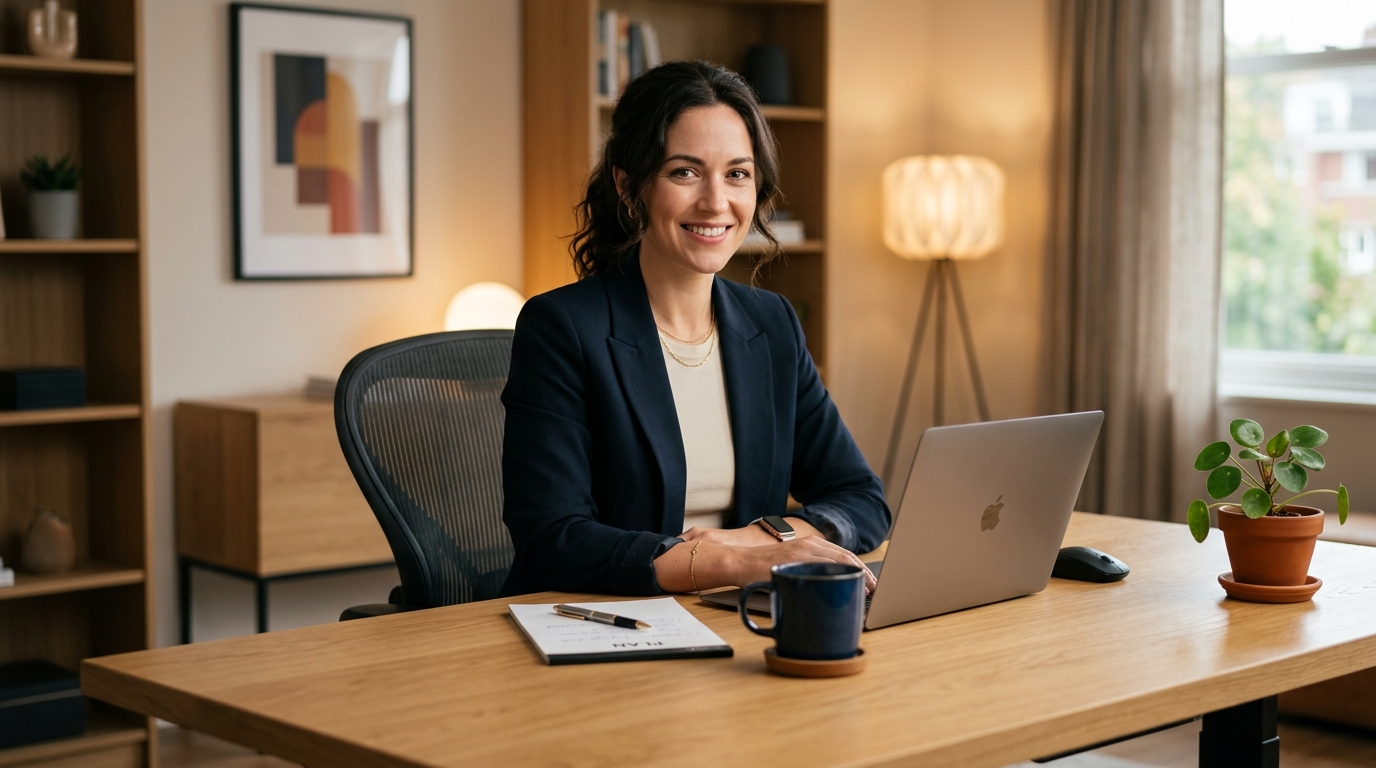 Professional learner sitting comfortably on an ergonomic chair working on laptop